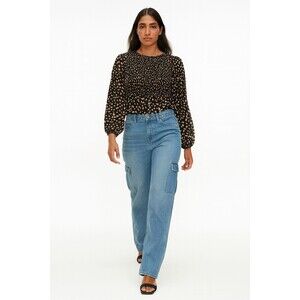 Mi Ami Francesca’s Women's Black Cream Printed Long Sleeve Blouse Top Size XS